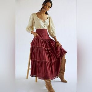 Anthropologie Burgundy Tiered Maxi Skirt